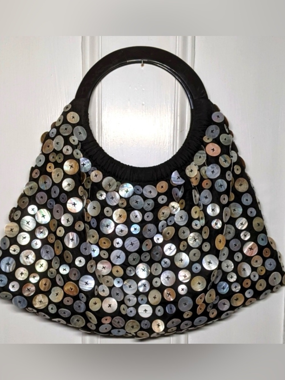 Wisteria Bag w Lucite round handles, Mother of Pearl Shell Buttons Satin Lining